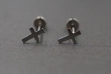 14K Solid White Gold Super Tiny Crucifix Cross Screw Back Women Kid Earring.