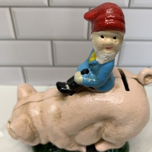 Gusseisen Wichtel Bärtige Elfe Reiten Schwein Sparschwein Rosa Vintage Look Figur - Bild 10 von 12