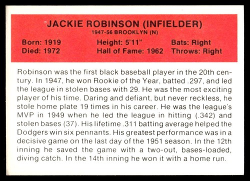 1987 Hygrade All-Time Greats Jackie Robinson Brooklyn Dodgers EX-EXMINT wrinkle - Picture 2 of 2