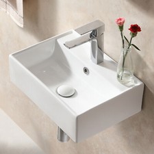 Wall Mount Hung Small Vessel Sink- Bathroom Corner Floating Sink Rectangle White