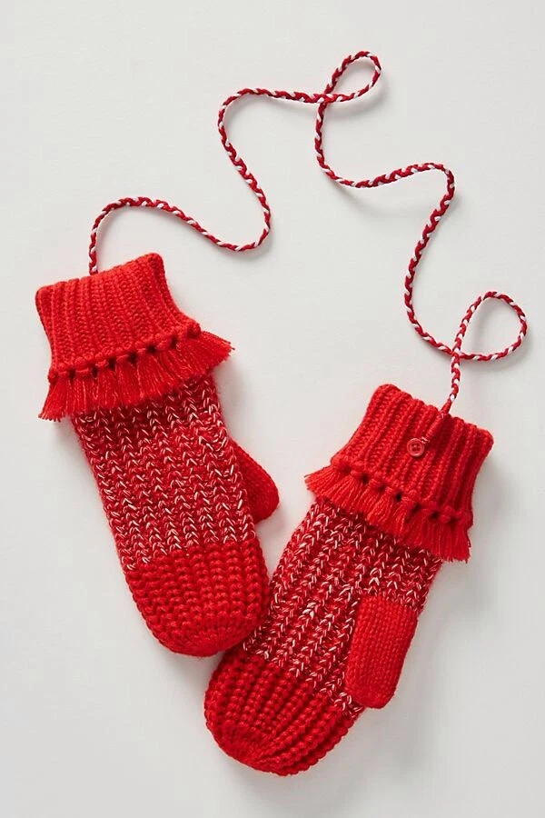 Anthropologie Mittens Sleeping On Snow Red Knit Tasseled Mittens Winter Gloves