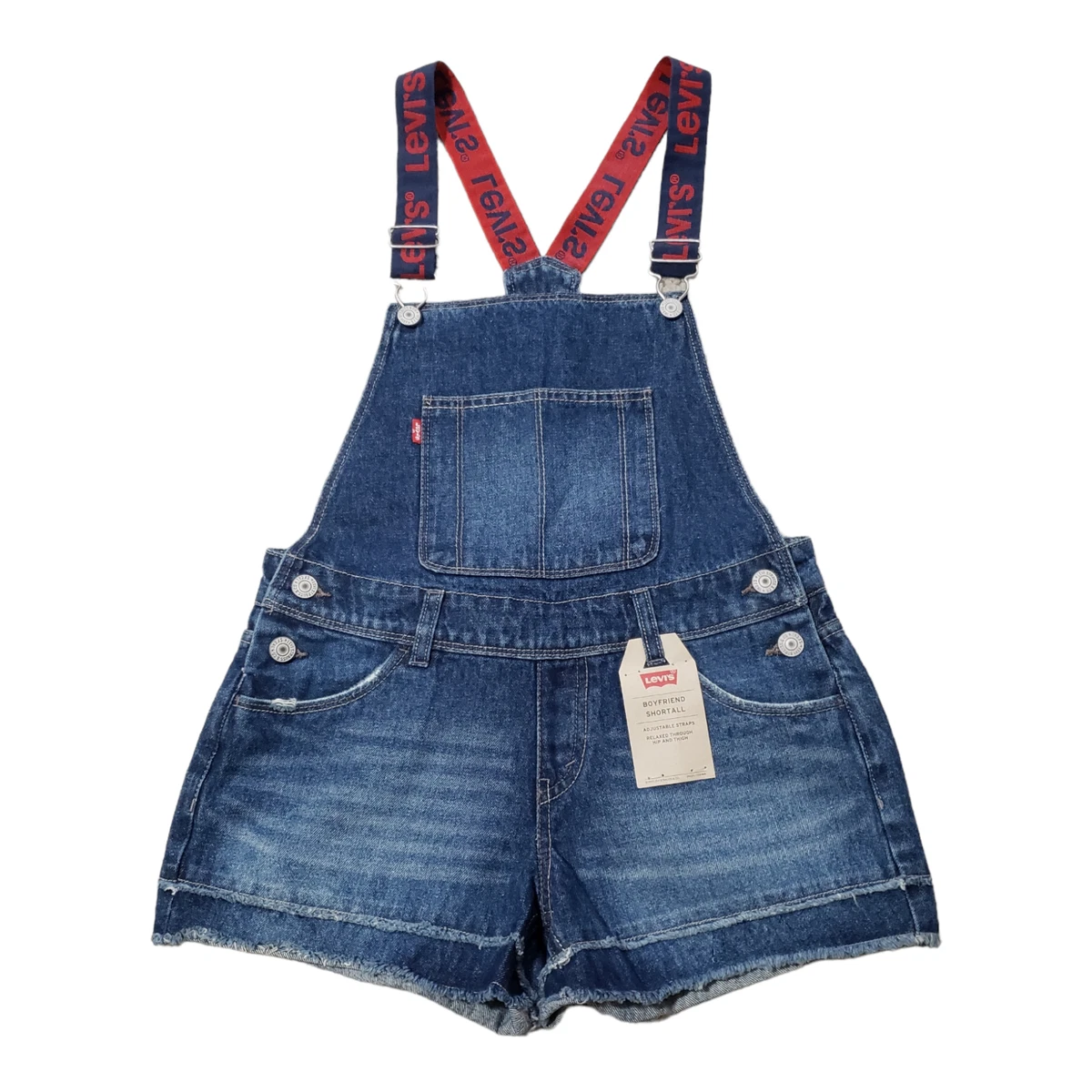 NWT Levi s Boyfriend Shortall Girls 14 Blue Denim Bib Overall Shorts Adjustable