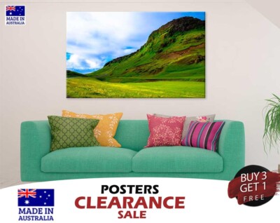 Cloudy Sky Grassy Field Mountain 70x50cm Poster Prints