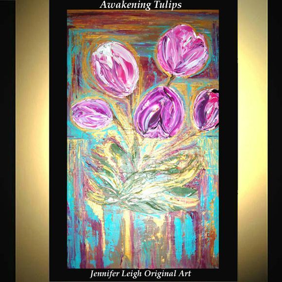 ORIGINAL LARGE ABSTRACT MODERN ART PAINTING Pink TULIPS Gold 36x24  JLEIGH