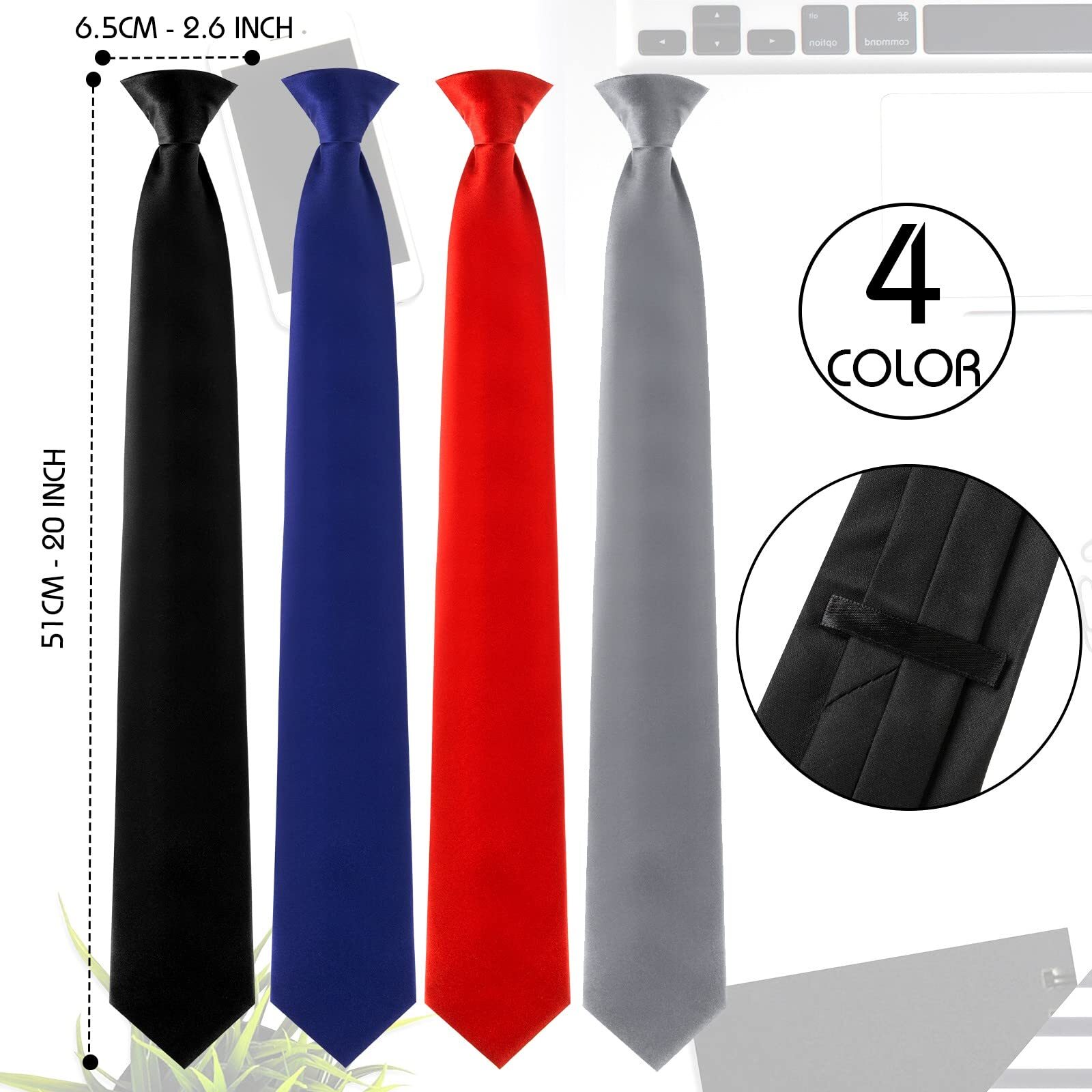 4 Pcs Men's Clipon Ties Solid Color Men's Tie Pre Tied Clip on Ties