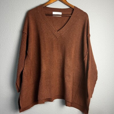 SIX/FIFTY Kenzie V-Neck Pullover Sweater Ribbed Trim Relaxed Fit Brown Size M