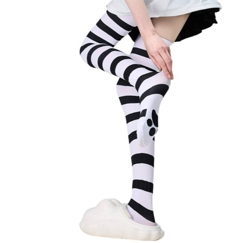 Women Japanese Thigh High Stockings Cats Claw Print Anime Stripe Silk Long Socks - Picture 7 of 11