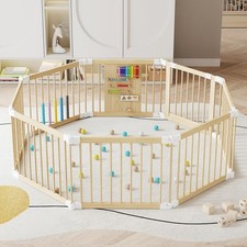 Foldable Wooden Playpen, Adjustable Wood Baby Play Yard Child-Proof Lock