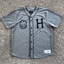 HUF x Spitfire Baseball Jersey Men Size M Gray Navy Trim Logos Huf Worldwide Y2K