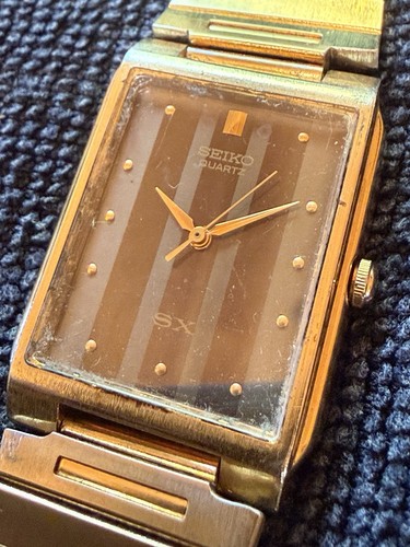 Vintage Seiko SX Tank Quartz Watch Unisex Gold Tone Black Dial NEW Battery