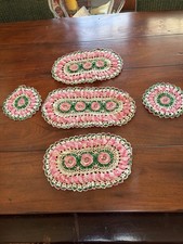 Handmade Crochet Doily Coasters Placemat Rose Set Of 5 White Pink Green Oval VTG