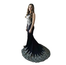 Rhinestones Black Long Train Prom Dress Pageant Wedding Brand New