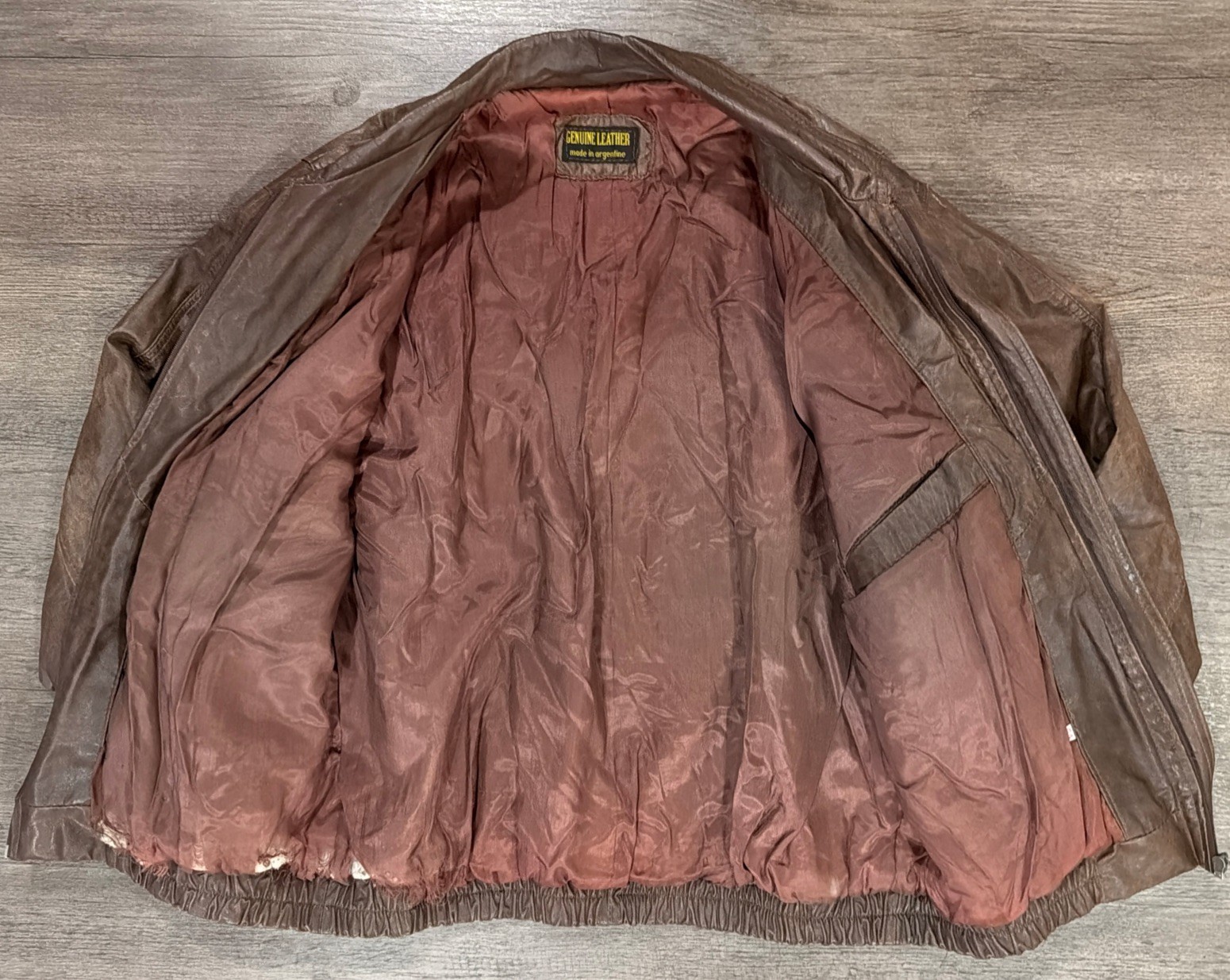 Brown Genuine Leather Bomber Jacket Made in Argentine Size 54 WORN - second product detail image