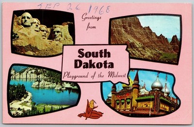 Vintage 1968 South Dakota Multi-View Postcard - Mt Rushmore Badlands Corn Palace