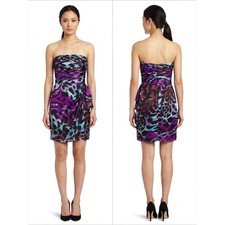 Cache Made in USA 100% Silk Purple Mini Ruched Ruffle Dress Women Size 4