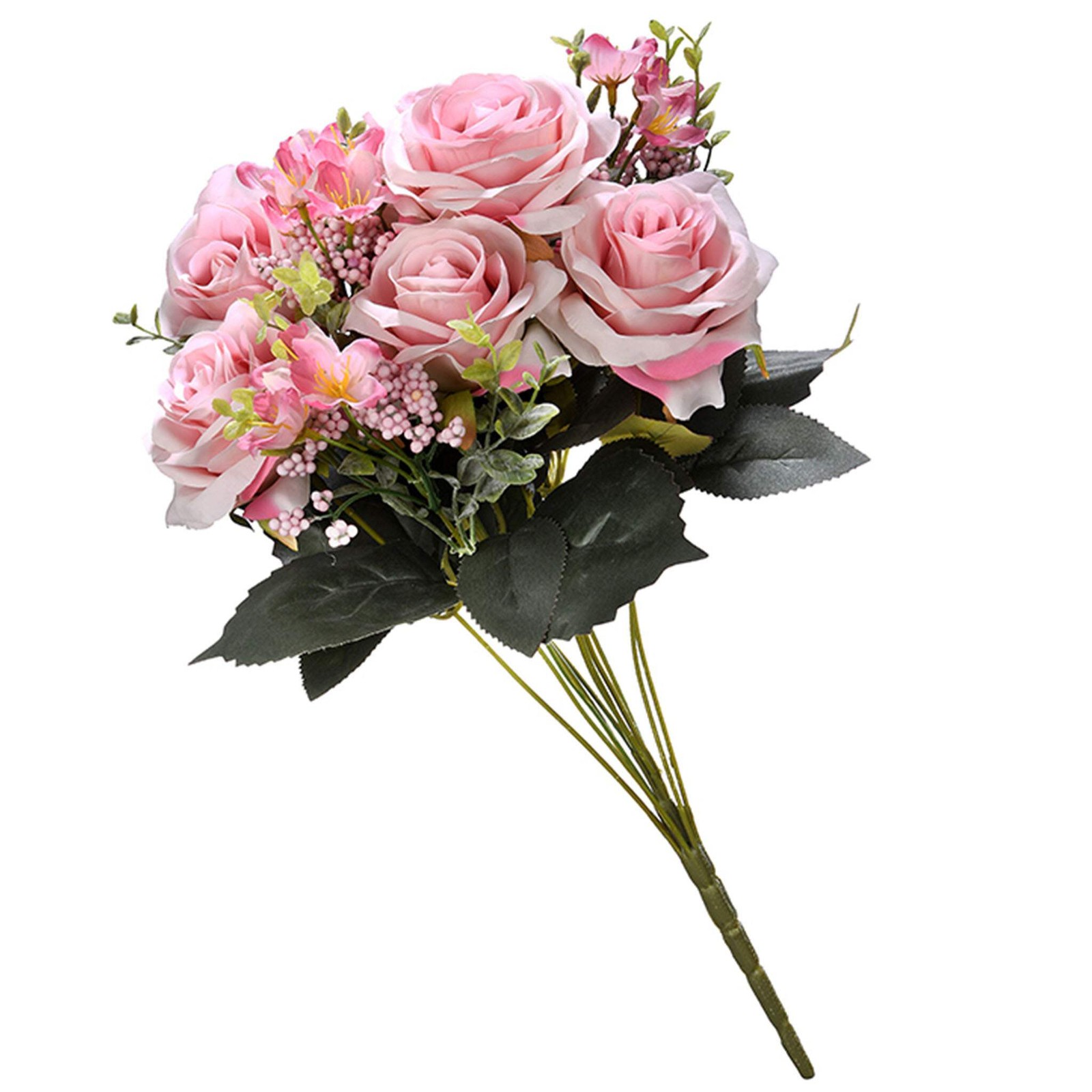 19 in. Spring Floral Bouquet with Pink Rose Blooms, Pink Berry Clusters, Seed Po