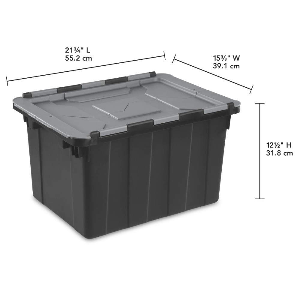 12 Gallon Hinged Lid Industrial Tote, Plastic Storage Bin with