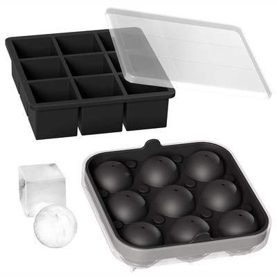 Ice Tray Combo Silicone Reusable 2 inch Big Freezer Mold 9 Cubes& 9 Sphere Maker