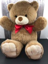 Vintage Dakin Honey Brown Bear with Cream Paws Red Bow Brown Nose 22" 1986
