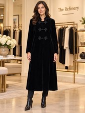 JS Collection vintage Black Velvet Long Overcoat Button Front Canada S