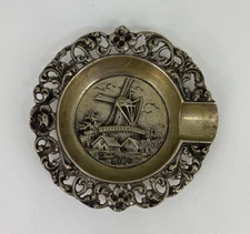 Antique Vintage STERLING SILVER Reticulated Repousse WINDMILL FARMHOUSE ASHTRAY