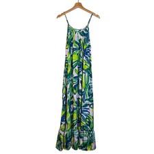 True Destinations Tropical Leaves Maxi Dress Sz Large Flowy Resort Braided Neck