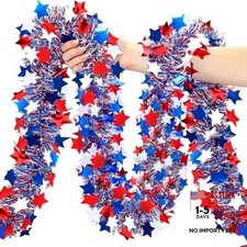 50 FT 4th of July Garland, Red White and Blue Patriotic Tinsel Garland Style 1