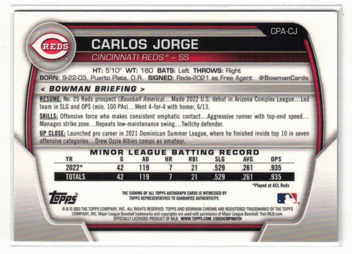 2023 1st Bowman Chrome RC AUTO Carlos Jorge #CPA-CJ! Reds! Rookie! Autograph! view 2