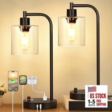 Set of 2 Industrial Table Lamps with USB C A Ports Glass  Matte Black Base 