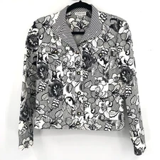 ST. JOHN SPORT Jacket Stretch Cotton Black White Floral Flowers Old Money Women