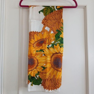 CHANEL Sunflower pattern Silk Scarf Orange Yellow White Green