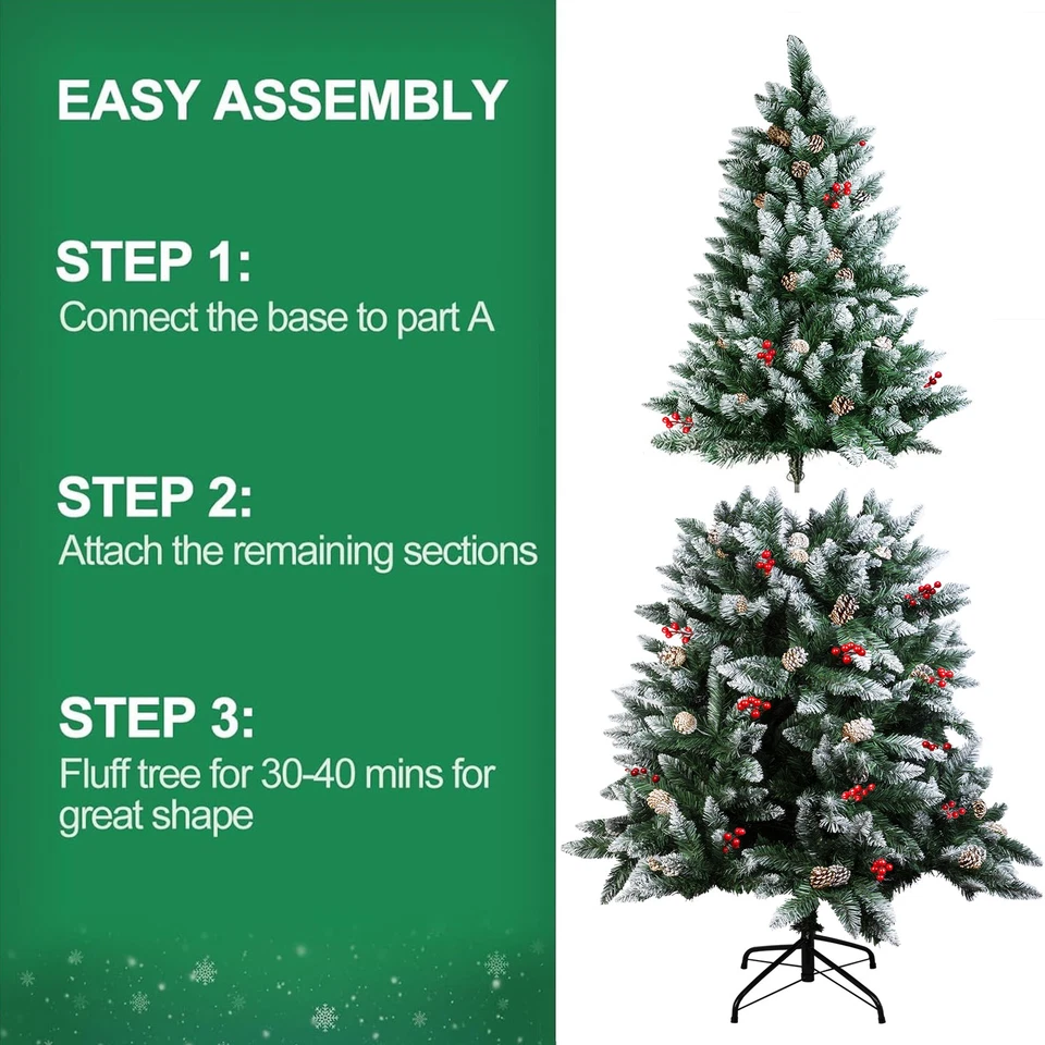 Árbol de Navidad de 5/6/7 pies con luces conos de pino en copos de nieve y bayas rojas árbol de Navidad Foto 3 de 4