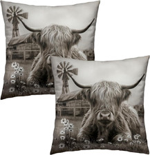 Highland Cow Pillow Cover Set of 2 Rustic Windmill Cabin Cattle Cotton Throw Pil