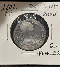 BOLIVIA 2 Reales 1802 Potosí, Carlos III, Grado Inferior, Plata 0.903. A2
