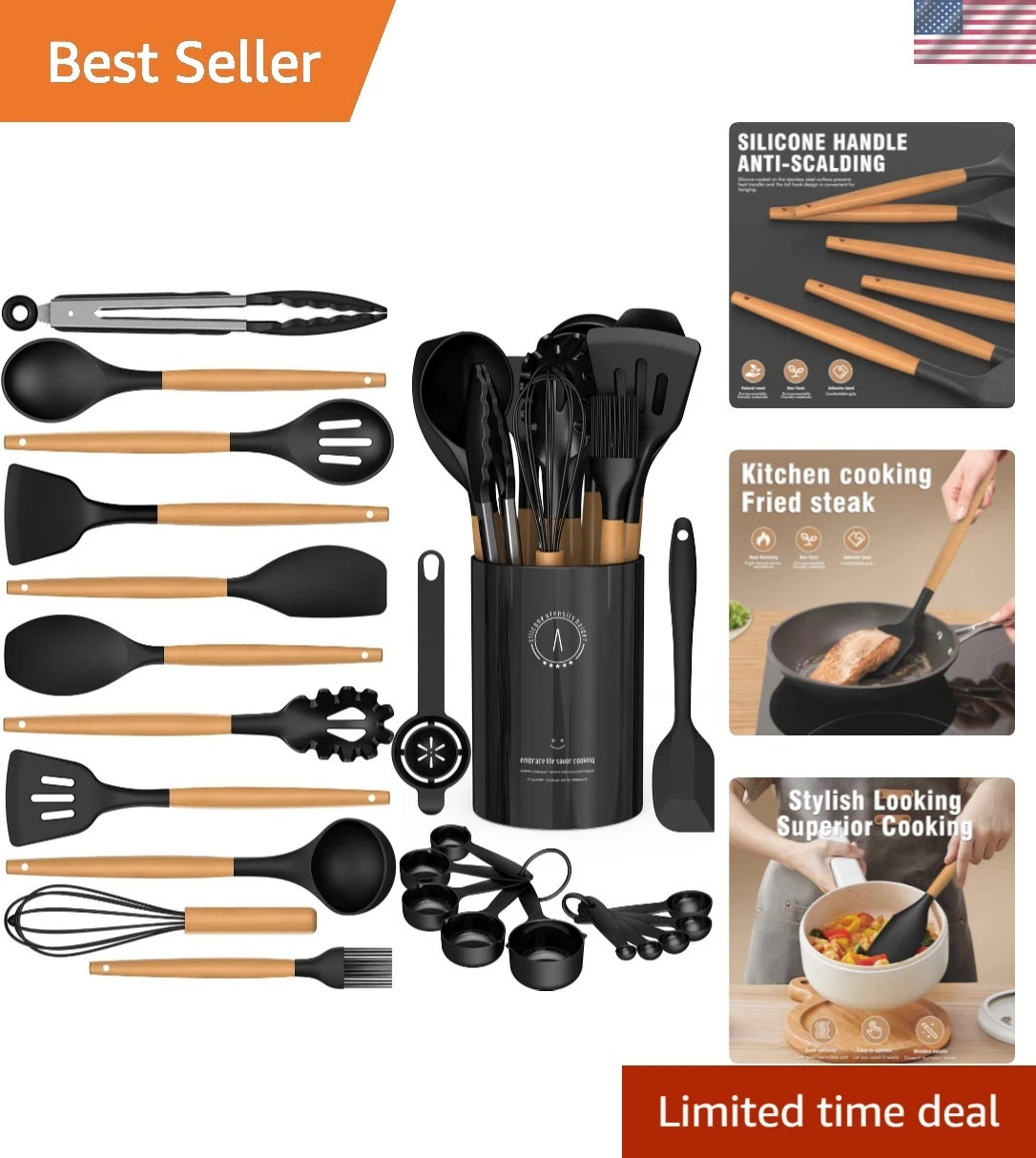 Silicone Cooking Utensils Set - Silicone Kitchen Utensils for Cooking Wooden ...