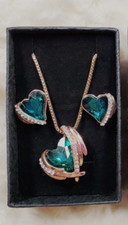 3 Pc. Necklace Earring Set Simulated GREEN Gem ROSE GOLD Plated Heart May
