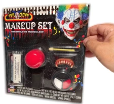 EVIL CLOWN MAKEUP SET Red Nose Fangs Teeth Sponge White Fake Blood Kit Halloween