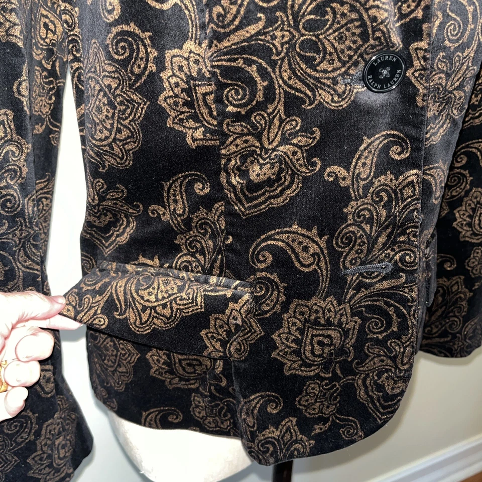 Chaqueta Blazer Ralph Lauren 10 Negro Dorado Bronce Terciopelo Cachemira Formal Divertido Sexy Foto 3 de 4
