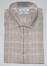 CALVIN KLEIN MENS STEEL SLIM-FIT STRETCH PERFORMANCE CHECK DRESS SHIRT TAUPE XL