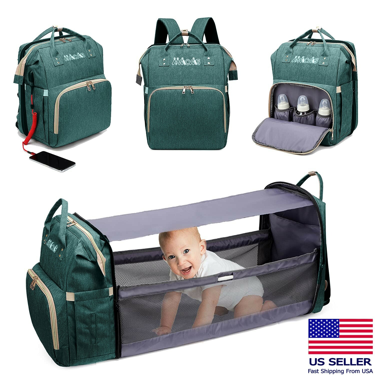 Crib Bag | Maicais Baby Changing Station Backpack | Green