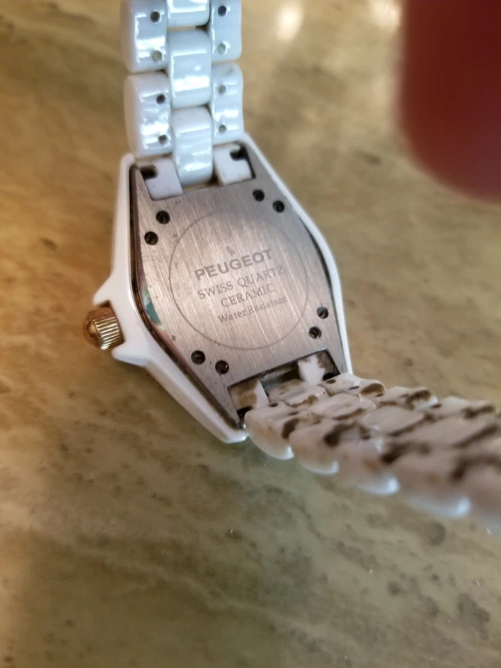 Reloj Mujer Vintage Peugeot Cuarzo Cerámica Suiza Swarovski Cristal Bisel Blanco Foto 4 de 4