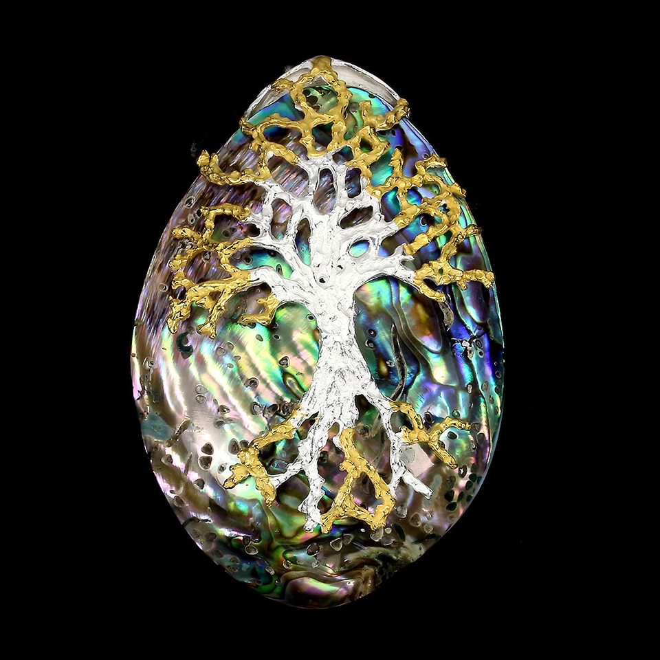 Colgante de plata de ley 925 ovalado madreperla 70x50 mm hecho a mano árbol de la vida Foto 2 de 4