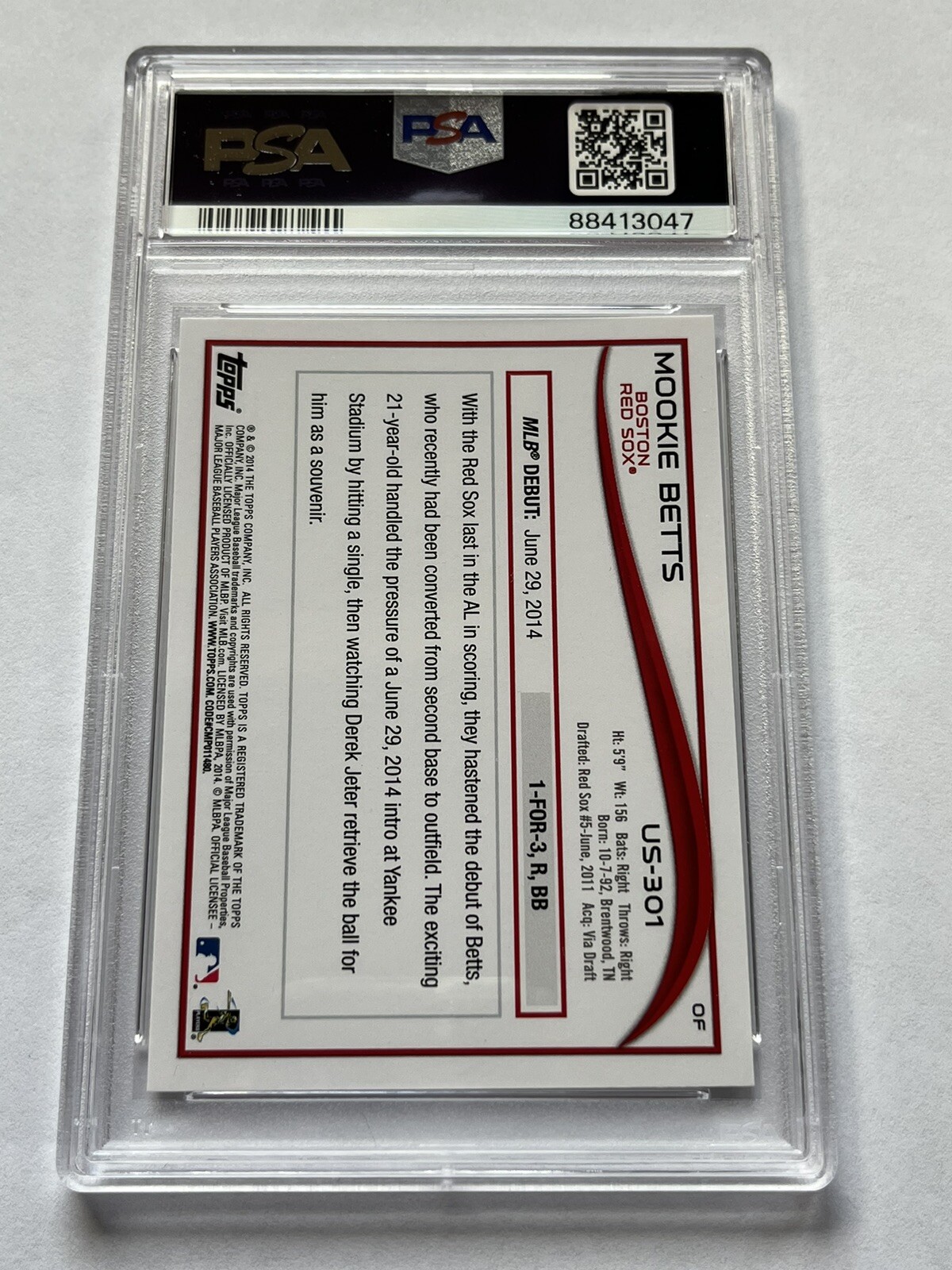 2014 Topps Update #US-301 Mookie Betts Rookie Card PSA 9 Mint Red Sox view 2