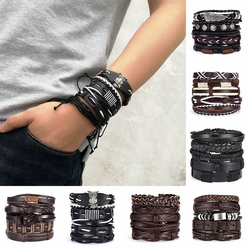 5pcs Mens Punk Leather Wrap Braided Wristband Cuff Punk Bracelets