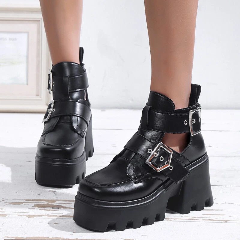 Chunky black top boots with buckles