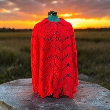 Vintage Handmade Crochet Fringe Poncho Cape Red Collared Button Front Boho