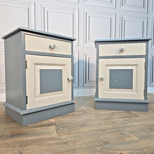 Pair Vintage Bedside Cabinets Painted Cupboards - Wood Pine Tables Drawers Retro