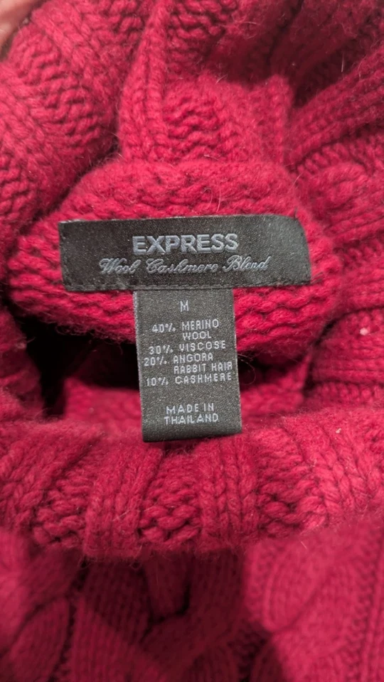 Express Womens Cable Knit Turtleneck Sweater Medium Wool Cashmere Red Cable Knit - Image 3 of 4