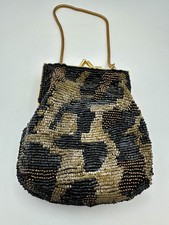 RARE 1940 s Hand Beaded Black Bead Leopard Purse Evening Bag Clutch 2-Sided EUC