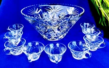 Glass Punch Bowl 14” Diameter with 9 Punch Cups (10 pcs)